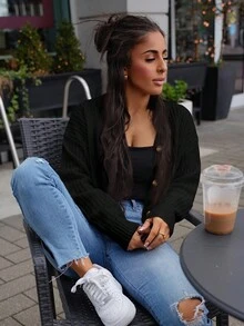 SAYEHFBABY 落肩前扣罗纹针织开衫，女士春/秋休闲纽扣，罗纹针织落肩 V 领宽松黑色纯色女士开衫，休闲日常穿着，长袖上衣 - 黑色 - 查看 5