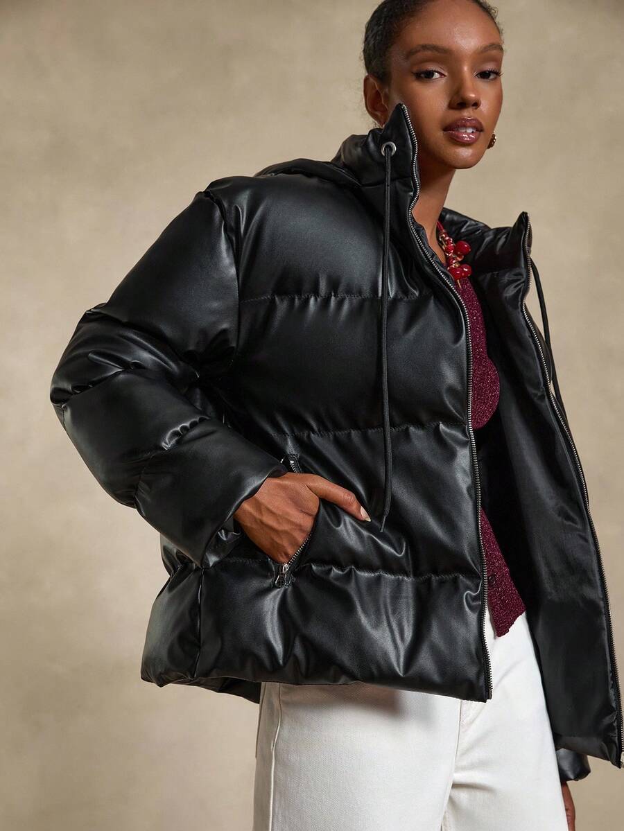 Bóhologie Women's Faux Leather Padded Coat With Zip-Up Front, Drawstring Hood, Stand Collar, Side Pockets, Quilted Warm Winter Jacket, Water-Resistant Insulated Outerwear, Loose Fit Street Style, Modern Casual Fashion, Long Sleeve PU Bubble Parka Puffer Jacket Black Puffer Jacket Women's Black Jacket Outerwear Women Women's Jacket - Black - View 1