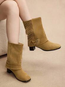 Rosivie Cuccoo Women's Fashionable & Comfortable High Heel Square Toe Velvet Ankle Boots, Autumn - Camel - View 10