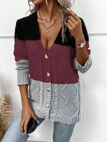 EMERY ROSE Cardigan long en tricot casual à manches longues et à simple boutonnage avec couleurs contrastées pour femmes en automne - Multicolore - Voir 3