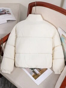 女童时尚立领灯芯绒长袖棉衣，适合秋冬季外套，时尚设计 - 米色 - 查看 2