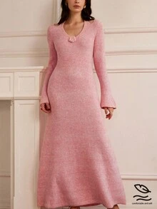 Aveloria Rosie V-Neck Knitted Dress, Fitted Waist Floral Print Dress, Women Sweater Dress - Pink - View 1