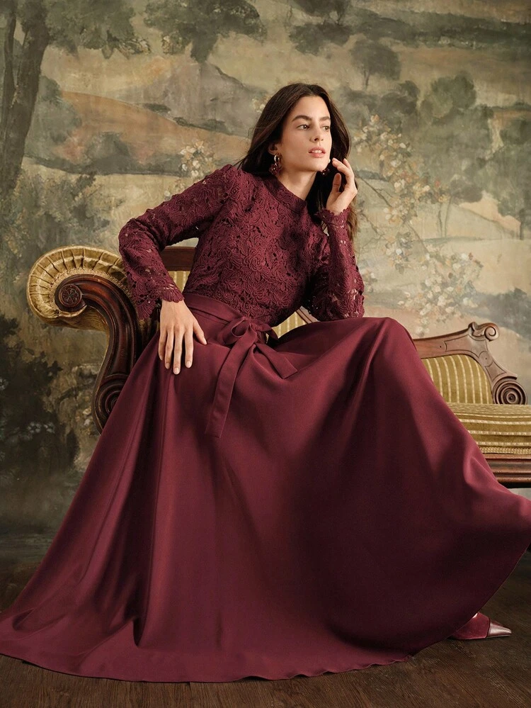 Abito a-line con inserti in pizzo, nuovo per l'autunno/inverno, elegante e dignitoso, adatto per feste di Natale, compleanni, Capodanno, Ringraziamento