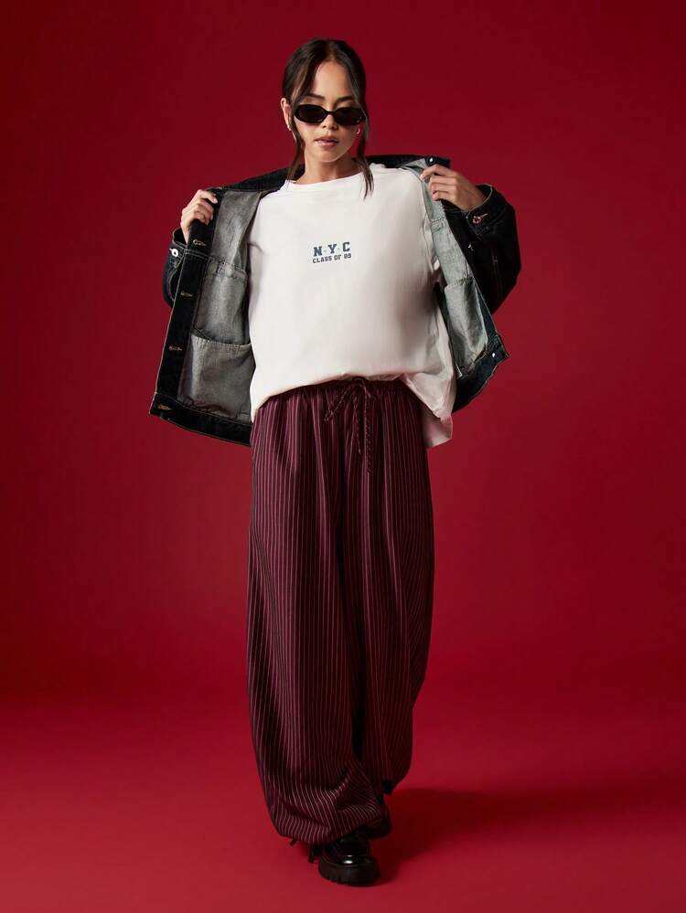 MISSGUIDED 로우라이즈 와이드 레그 드로스트링 핀스트라이프 팬츠 크리스마스
