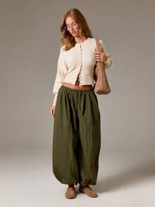 扇贝形纽扣短款开衫针织长袖秋冬轻便休闲装束腰优雅日常装 - 米色 - 查看 3