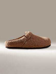 Solecia 女士圆形平底杏色鞋头一脚蹬毛绒拖鞋，带扣装饰，适合室内和室外，适合暑假鞋，夏季促销，返校鞋，大学生鞋，圣诞节，秋季，新年假期