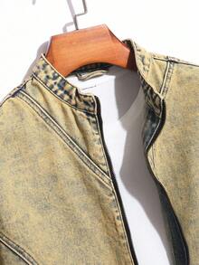 Manfinity Homme Men's Acid Wash Casual Loose Band Collar Denim Jacket With Zipper Front, Autumn, Fall - Brown - View 5