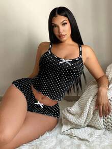 SHEIN SXY 两件套女士休闲波点睡衣套装，吊带背心+短裤，波点比基尼，波点泳衣 - 黑色 - 查看 3