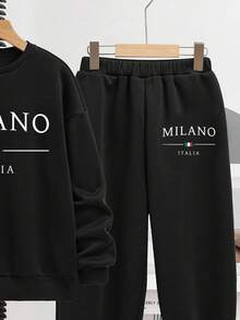 SHEIN 2 件套 MILANO 青少年男孩休闲简约长袖运动衫和裤子套装，适合秋季 - 黑色 - 查看 4