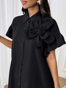 SHEIN Lady Đầm ngắn dáng rộng họa tiết hoa ba chiều màu trơn thanh lịch, thoải mái khi đi làm, dự tiệc cho nữ - màu đen - Xem 4