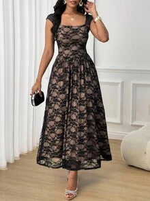 SHEIN Lady 女士优雅派对、休闲约会、浪漫蕾丝针织修身A字廓形长款连衣裙，适合女士婚礼宾客、派对、返校节、音乐会等场合，款式优雅得体。 - 黑色 - 查看 1