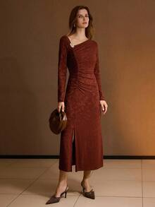 MOTF PREMIUM VESTIDO AJUSTADO DE LÍNEA A DE PUNTO JACQUARD RECOGIDO - Óxido marrón - Ver 3