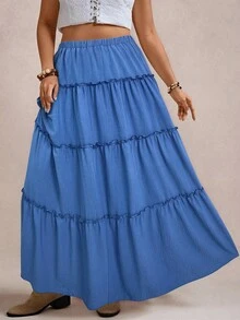 Freevana Plus Size Casual Solid Color Layered Ruffle Hem A-Line Skirt, Suitable For Everyday Wear - Blue - View 4