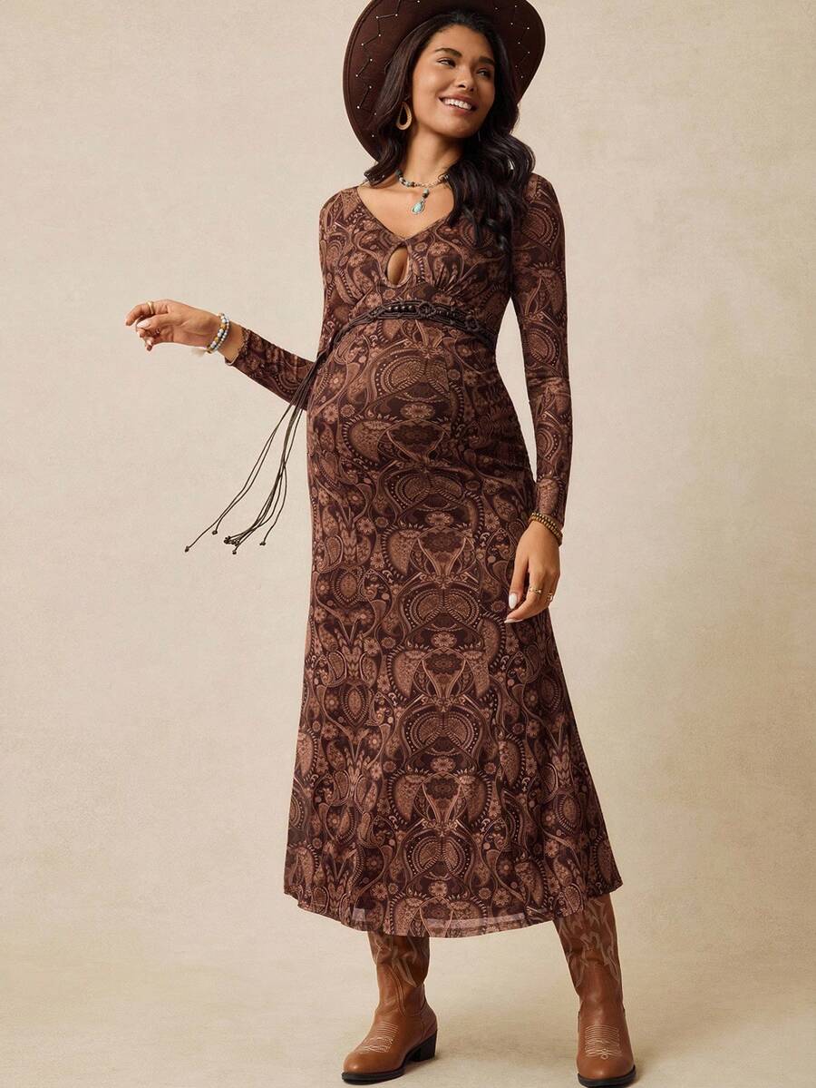 Boho Mama 孕妇休闲西部牛仔印花V领连衣裙 - 卡其色 - 查看 1