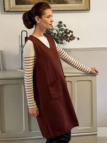 Vivie Lora Vestido de suéter holgado de cuello en V de longitud media para otoño/invierno - Marrón - Ver 5
