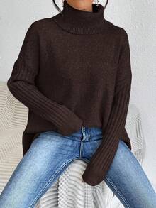 EMERY ROSE Solid Color High Neck Asymmetric Hem Casual Long Sleeve Pullover Sweater - Coffee Brown - View 6