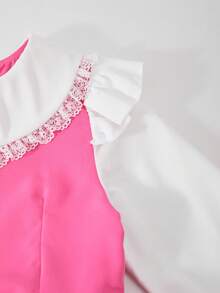Tween Girl Ruffle Collar 2 In 1 Pleated Bowknot Long Dress Fall Winter - Pink - View 3