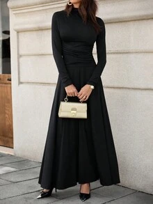 EMERY ROSE Bộ 2 áo thun dài tay cổ đứng thanh lịch cho nữ và chân váy dài dệt kim, Thu/Đông - màu đen - Xem 5