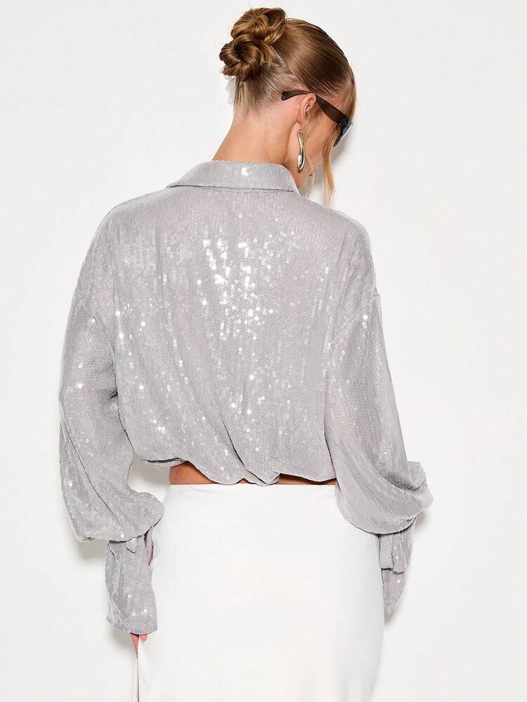 KIZN Metallic Sequin Button Down Shirt With Twist Front