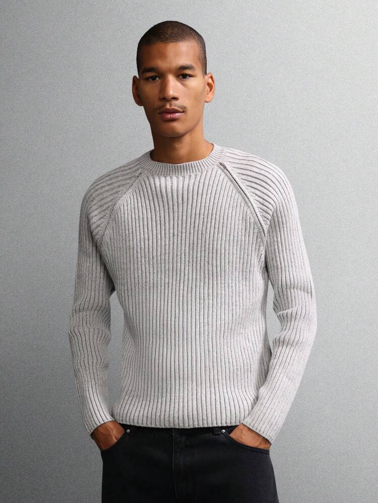 Ribbed Raglan Sleeve Sweater With Shoulder Zip