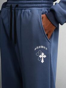 Conjunto de chándal de lujo con estampado gótico de cruz en dos piezas de SUMWON, con bolsillo central y pantalones de pierna ancha, ropa de calle de invierno de un solo color - Azul Marino - Ver 5