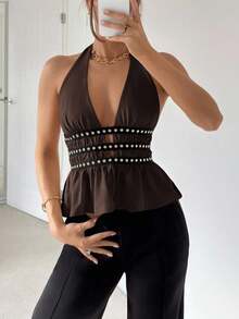 Siren Gaze New Summer Rivets Waistline Design Halter Top For Women Party Chic Brown - Brown - View 4