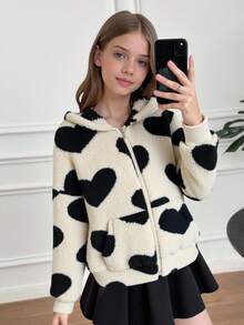 SHEIN Serisse Kids Kurtka z polaru dla dziewczynek w kształcie serca, z kapturem i zamkiem błyskawicznym, idealna na jesień/zimę, idealna na zewnątrz i do szkoły