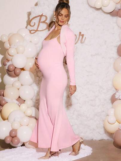 Loomaby 2pcs/Set Maternity Solid Color Patchwork Fuzzy Vest Top And Bodycon Slip Dress, Elegant  Dress Gender Reveal Dress Maternity Dress Baby Shower Dress