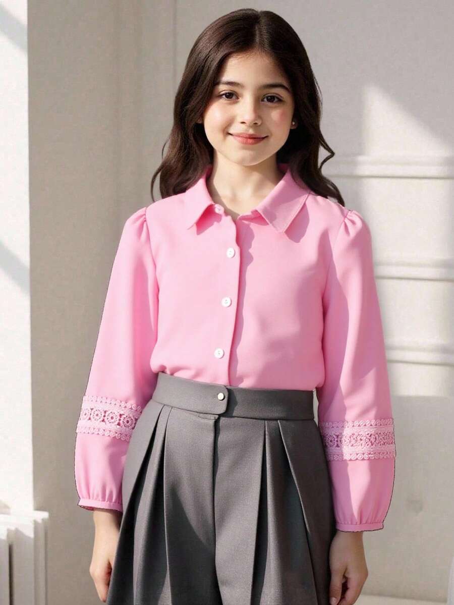 Cămașă casual cu mâneci bufante și nasturi în față, din dantelă, model patchwork, culoare solidă pentru fete tinere