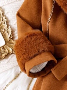 SHEIN Elladie kids Young Girls' Overcoat With Faux Fur Collar, Elegant & Cute, Suitable For Young Girl In Winter Fall - Brown - View 3