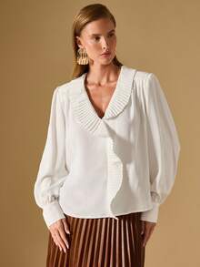 Briarwyn Women's Solid Color Pleated Collar Loose Elegant Long Sleeve Blouse Old Money Style Women,Elegant Women's Blouses/Elegant In White/Cloud Dancer,Graduation Outfit,Graduation Ceremony - White - View 4
