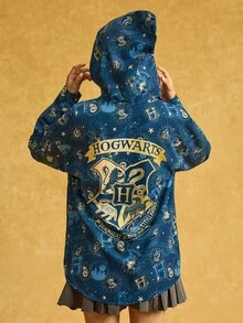 HARRY POTTER X SHEIN 女士字母印花连帽长袖衬衫 - 藏蓝色 - 查看 3