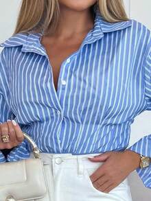 Cioccolato Striped Print Front Button Elegant Commuter Long Sleeve Bodysuit - Blue and White - View 3