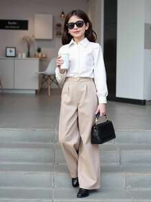 SHEIN Áo cánh dài tay cài nút phía trước màu trơn cho bé gái tuổi mới lớn, mặc hàng ngày - trắng - Xem 6