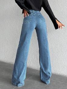 ZIRRA 女式休闲高腰阔腿水洗牛仔裤 - 中等水洗藍 - 查看 2