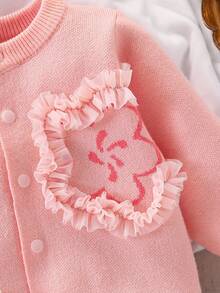 SHEIN 新生女婴连体衣，时尚简约字母刺绣长裤长袖毛衣连体衣，柔软针织舒适 - 粉色 - 查看 7