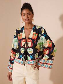 Travachic Áo sơ mi tay dài buộc dây phía trước họa tiết trái cây thường ngày dành cho nữ, Áo cánh Boho, Mùa thu sang trọng, Đi chơi, Thanh lịch, Phong cách đồng quê dành cho nữ, Mùa thu dành cho nữ - màu đen - Xem 5