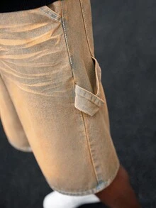 Manfinity Roghcode Men's Loose Fit Cargo Pocket Drawstring Waist Denim Bermuda Shorts Boyfriend & Husband Vintage Washed Loose Wide Leg For Street Denim Shorts - Yellow - View 4