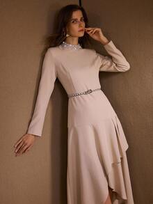 MOTF PREMIUM FAUX PEARL TRIM ASYMMETRICAL HEM DRESS WITHOUT BELT - Apricot - View 5