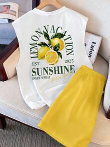 Manfinity Joysei Standard Size Men's White Fruit Lemon Print Sleeveless Tank Top, Fitted Muscle Tee Set, Summer Vibe, Suitable For Couples Matching