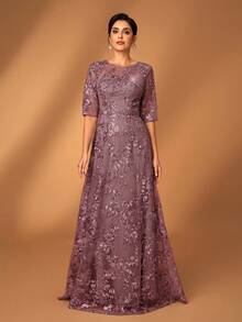 Serin Elegant Luxurious Gray Lace V-Neck Sheer Short Sleeve A-Line Dress With Embroidered Rhinestone Beads, Suitable For Weddings, Parties, Vacations, Galas, Evening Events, Mother Of The Bride Dress, Valentine's Day - Dusty Pink - View 7