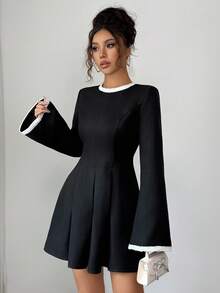 Elenzga Elegant Black & White Contrast Color Fitted Crew Neck Long Sleeve Mini Dress - Black - View 4