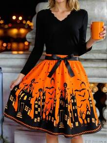 女士时尚万圣节秋冬荷叶边领长袖短款上衣搭配松紧腰万圣节主题骷髅、城堡、星星和月亮印花宽松下摆裙子，2 件套 - 黑色 - 查看 1