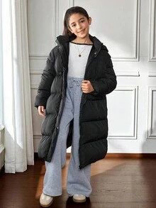 SHEIN 秋冬款青少年女童宽松休闲简约舒适连帽收腰长款厚夹克 - 黑色 - 查看 3