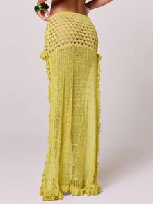 MUSERA 钩针编织修身迷你裙，带荷叶边拖尾，适合春夏度假、波西米亚风、伊比沙岛、优雅俱乐部、海滩、可爱性感、节日、生日、秋季派对、晚宴、优雅派对和假日穿着。 - 黃色 - 查看 4