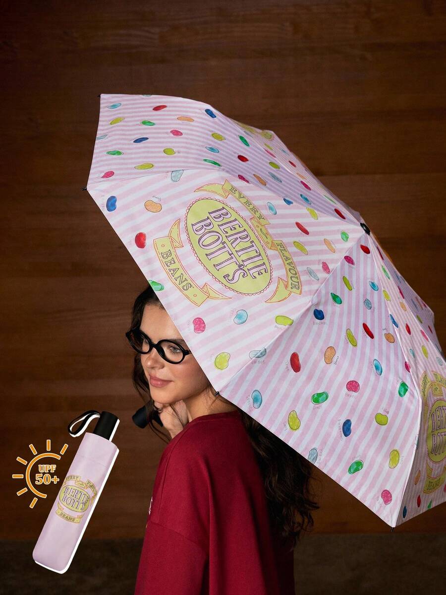 HARRY POTTER X SHEIN 1 pieza Paraguas con estampado de dibujos animados, protección UV, adecuado para la escuela, el trabajo, al aire libre y uso diario, diseñado para estudiantes universitarios, estudiantes de secundaria y mujeres, mágico - Rosa - Ver 1