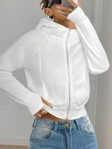 SHEIN EZwear 女士休闲日常白色拉链连帽衫，秋季 - 白色 - 查看 4
