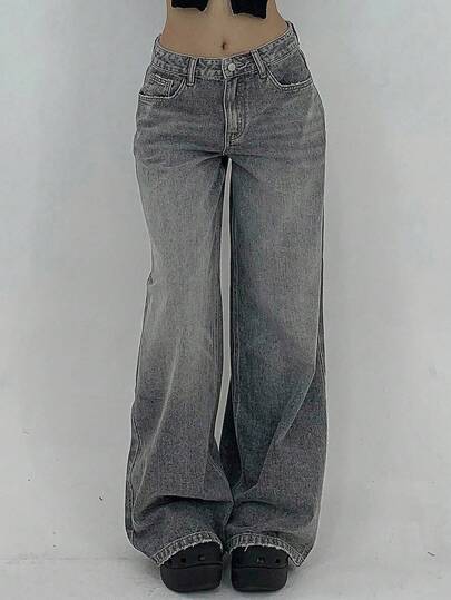 SHEIN 少女秋冬Y2K都市街头酷炫复古做旧基础款时尚灰色水洗牛仔宽松阔腿牛仔裤，适合秋冬季日常穿着、返校季、返校舞会、夜店和街头穿搭，复古富家风牛仔裤