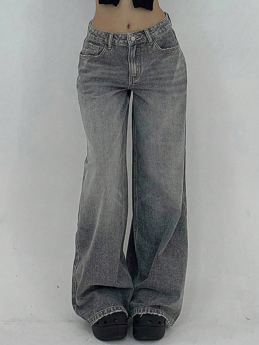 SHEIN Genç Kızlar İçin Sonbahar/Kış Y2K Şehirli Sokak Tarzı Vintage Eskitilmiş Temel Stil Moda Gri Kot Taşlanmış Bol Kesim Geniş Paçalı Bol Kot Pantolon, Sonbahar/Kış Kostümü, Günlük Giyim ve Okula Dönüş, Genç Kız Mezuniyet Balosu, Gece Dışarı Çıkma ve Sokak Giyim İçin, Eski Zengin Tarzı Kot Pantolon - Gri - Görünüm 1