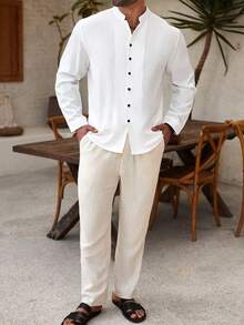 Manfinity Homme Plus Size Men's Solid Color Long Sleeve Single-Breasted Casual/Business Shirt, Men's White Shirt, Fall - White - View 6